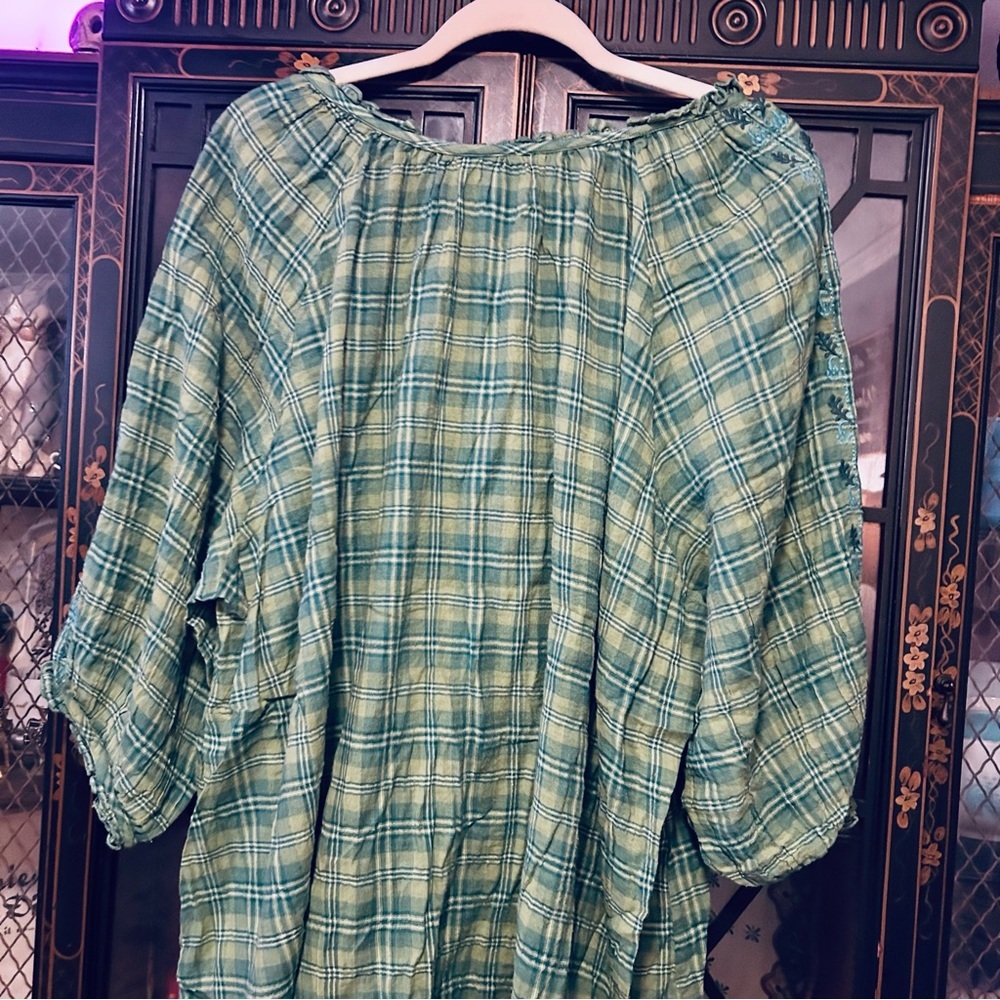 Perdian Chic Artisan Collection Green Cotton Plaid Embroirdered Top Size 26/28 - Picture 11 of 11